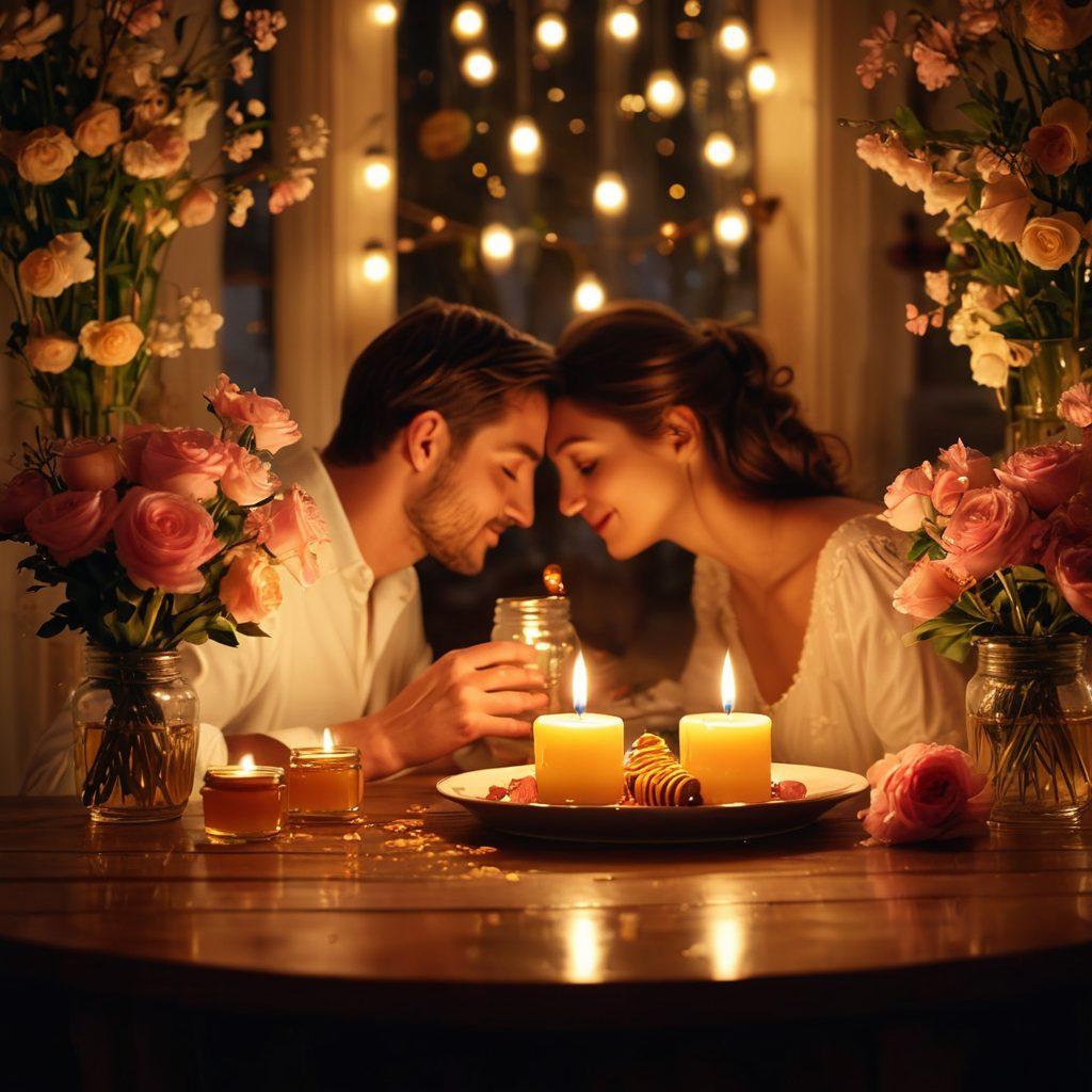 A romantic scene featuring a cozy couple enjoying a candlelight dinner with honey jars elegantly placed on the table. Soft, warm lighting sets a loving atmosphere, showing them sharing a sweet moment over drizzling honey on desserts. Include a backdrop of blooming flowers and heart-shaped decorations to emphasize love. super-realistic. warm tones. soft focus.
