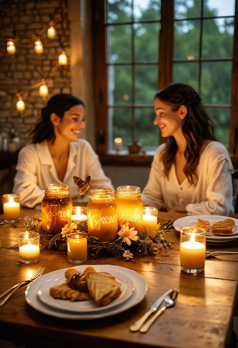 A warm, inviting scene showing a beautifully set dinner table adorned with honey jars, whimsical golden drizzles, and candles. In the background, a couple shares a joyful moment, exchanging heart-shaped desserts made with honey. Soft lighting creates a romantic atmosphere, with flowers and bees gently accenting the design. Emphasize textures of honey and rustic wooden elements for a cozy feel. super-realistic. warm tones. soft focus.
